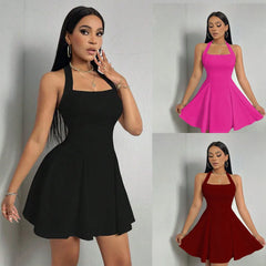 Halter Neck Square Neck Flare Mini Dress, Sleeveless Fit & Flare Party Dress (3 Colors)