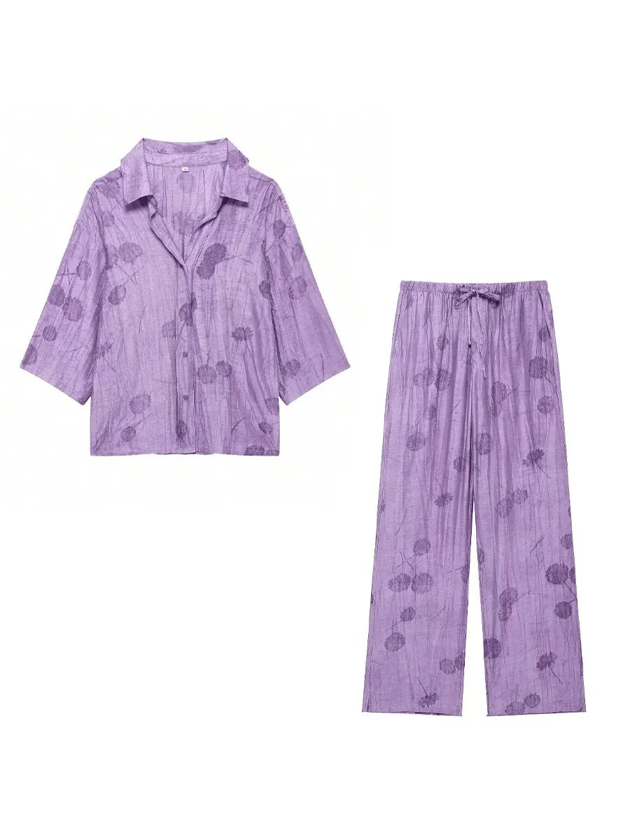Printed Lapel 3/4 Sleeve Shirt & Wide Leg Long Pants Two Piece Casual Set