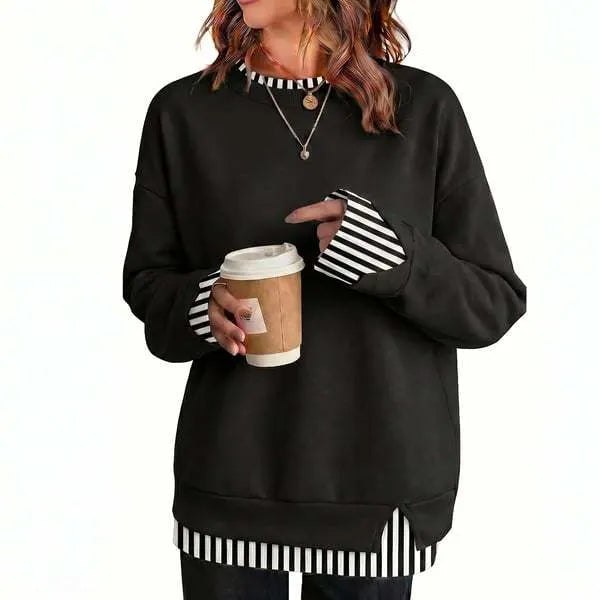 Fake Two Piece Sweatshirt, Black Base with Black White Stripe Cuff & Hem Detail