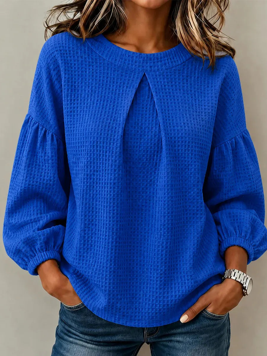 Waffle Knit Round Neck Blouse Pleated Front Balloon Long Sleeve Loose Casual Top