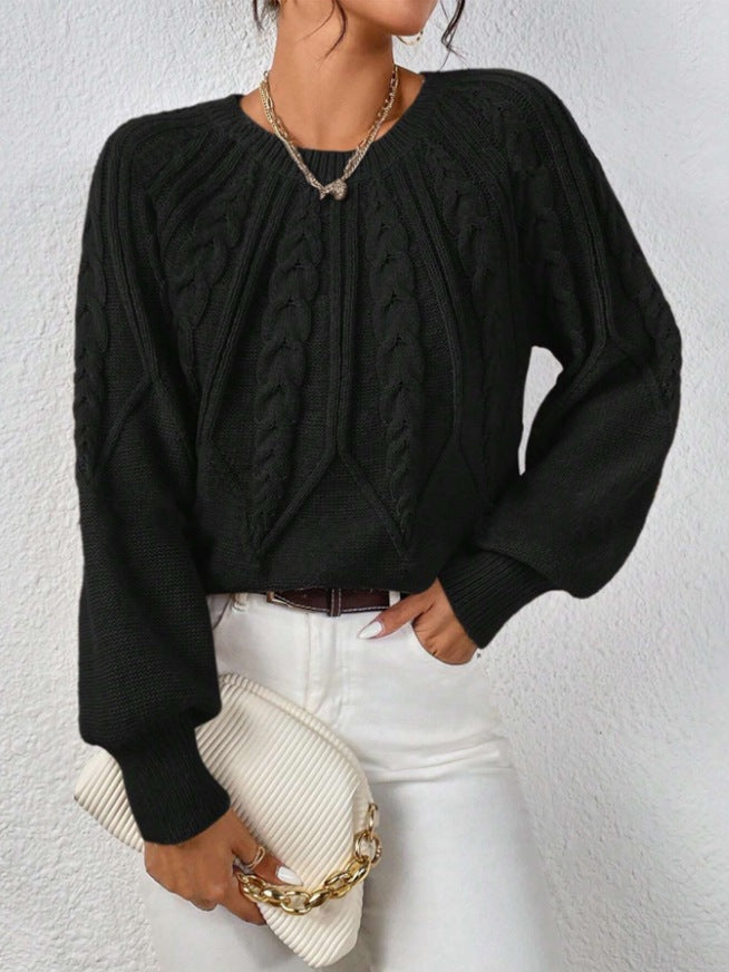 Crew Neck Cable Knit Sweater, Long Lantern Sleeve Loose Solid Pullover