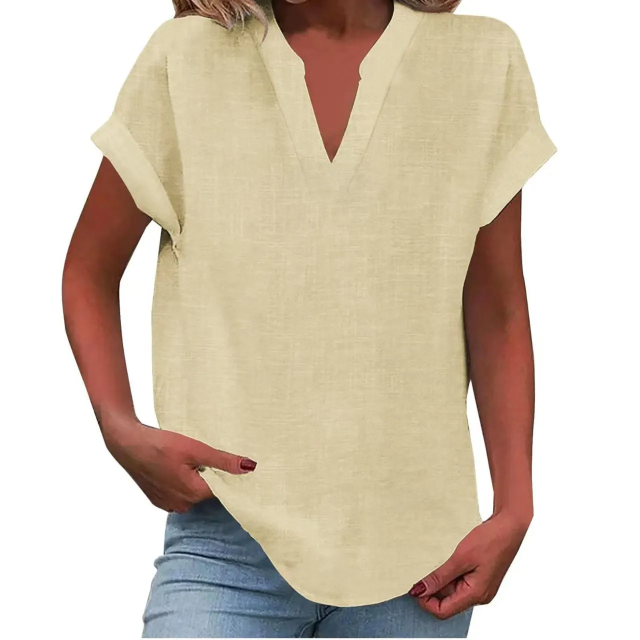 Notched V Neck Cuffed Short Sleeve Loose Cotton Linen Blouse