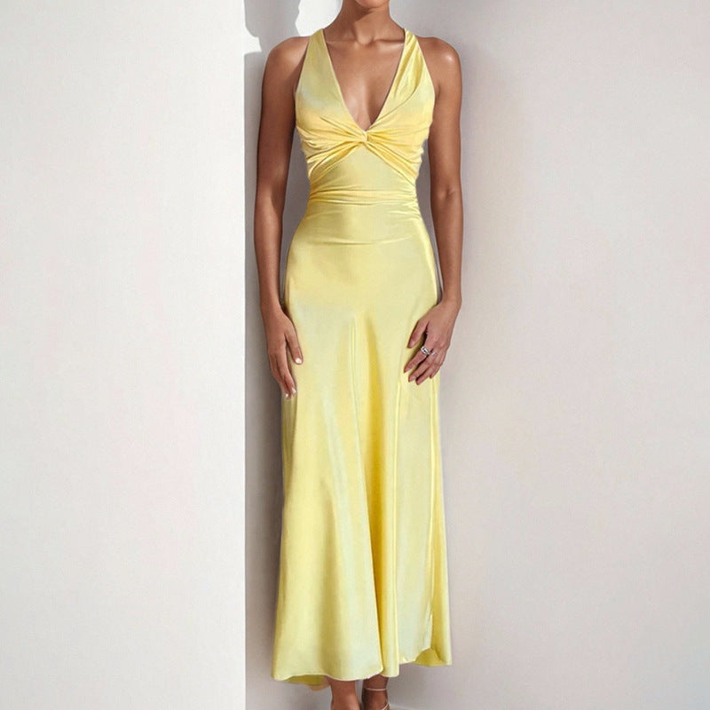 Twist-Front Satin Slip Midi Dress