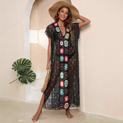 Colorful Crochet Patchwork Sheer Lace Beach Cover-Up Maxi Dress