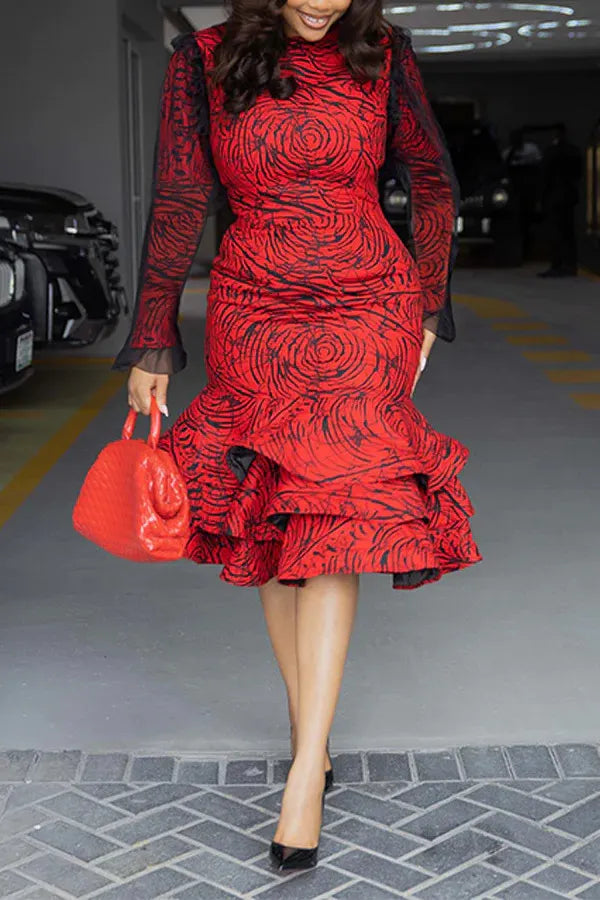 Abstract Print Waist-Cinching Mermaid Midi Dress