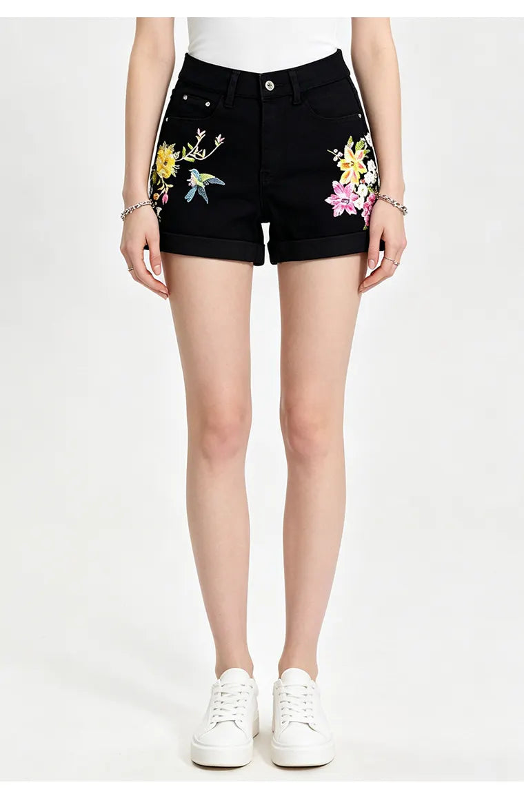 Boho Floral Bird Embroidered Denim Shorts