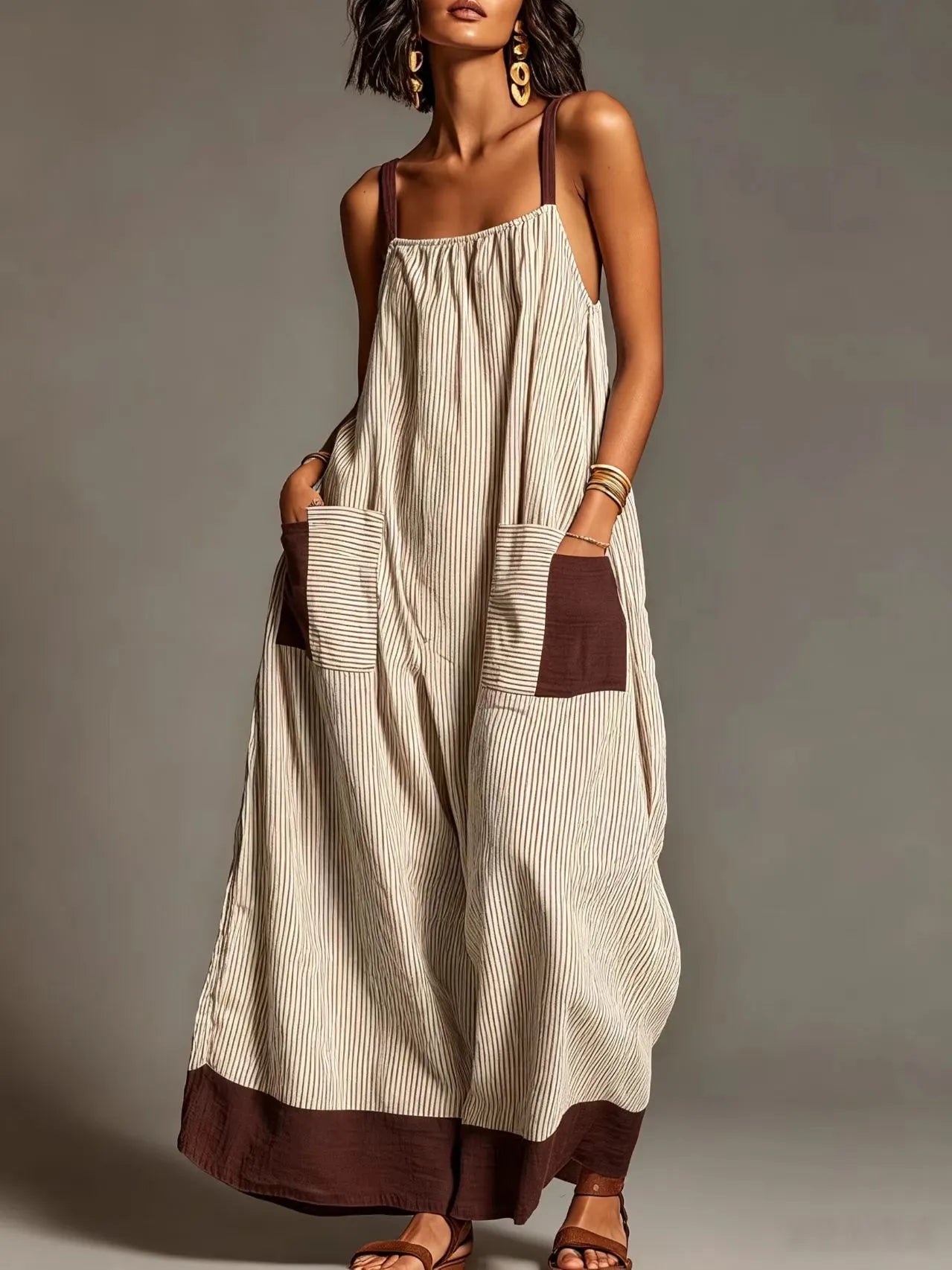 Stripe Color Block Pocket Sling Long Dress