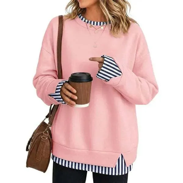 Fake Two Piece Sweatshirt, Black Base with Black White Stripe Cuff & Hem Detail