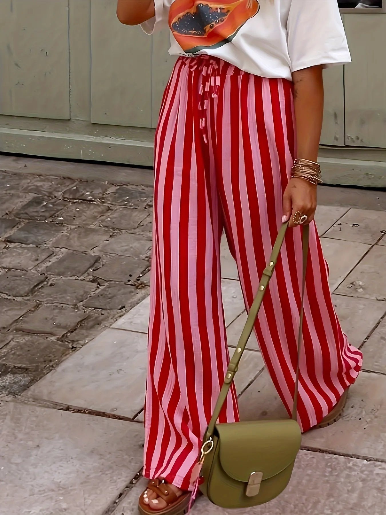 Vertical Stripe Drawstring Wide Leg Casual Pants