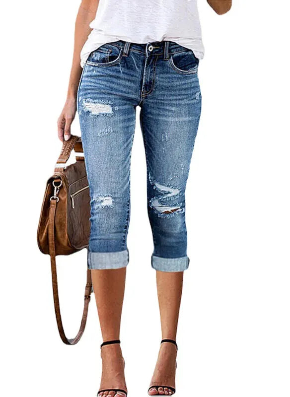 Distressed Ripped Cuffed Capri Jeans Mid Rise Slim Fit Cropped Denim Pants