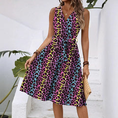Colorful Leopard Print V-Neck Sleeveless Belted A-Line Midi Dress Casual Campus Daily Dress