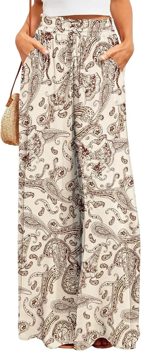 Boho Geometric Leaf Print Drawstring High Waist Non-Stretch Chiffon Loose Wide Leg Long Casual Pants