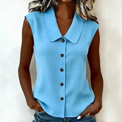 Solid Color Sleeveless V-Neck Button Down Blouse