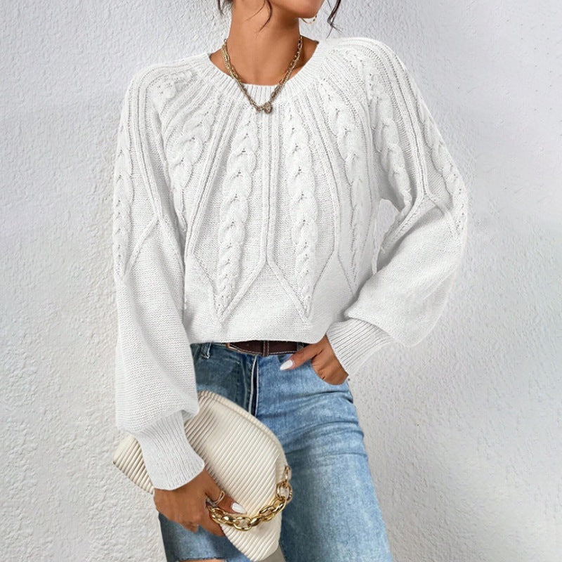Crew Neck Cable Knit Sweater, Long Lantern Sleeve Loose Solid Pullover