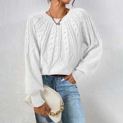 Crew Neck Cable Knit Sweater, Long Lantern Sleeve Loose Solid Pullover