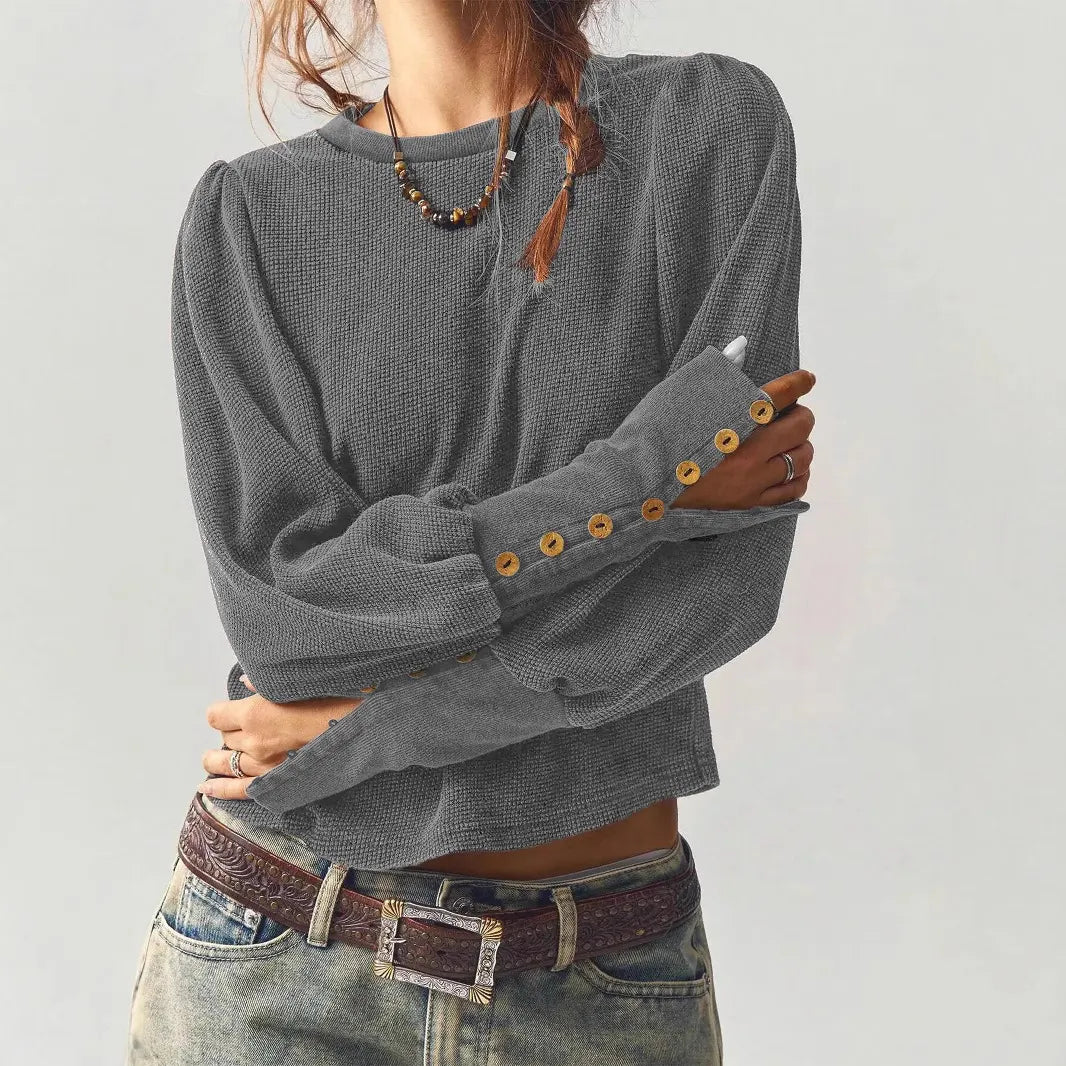 Waffle Knit Button Cuff Top