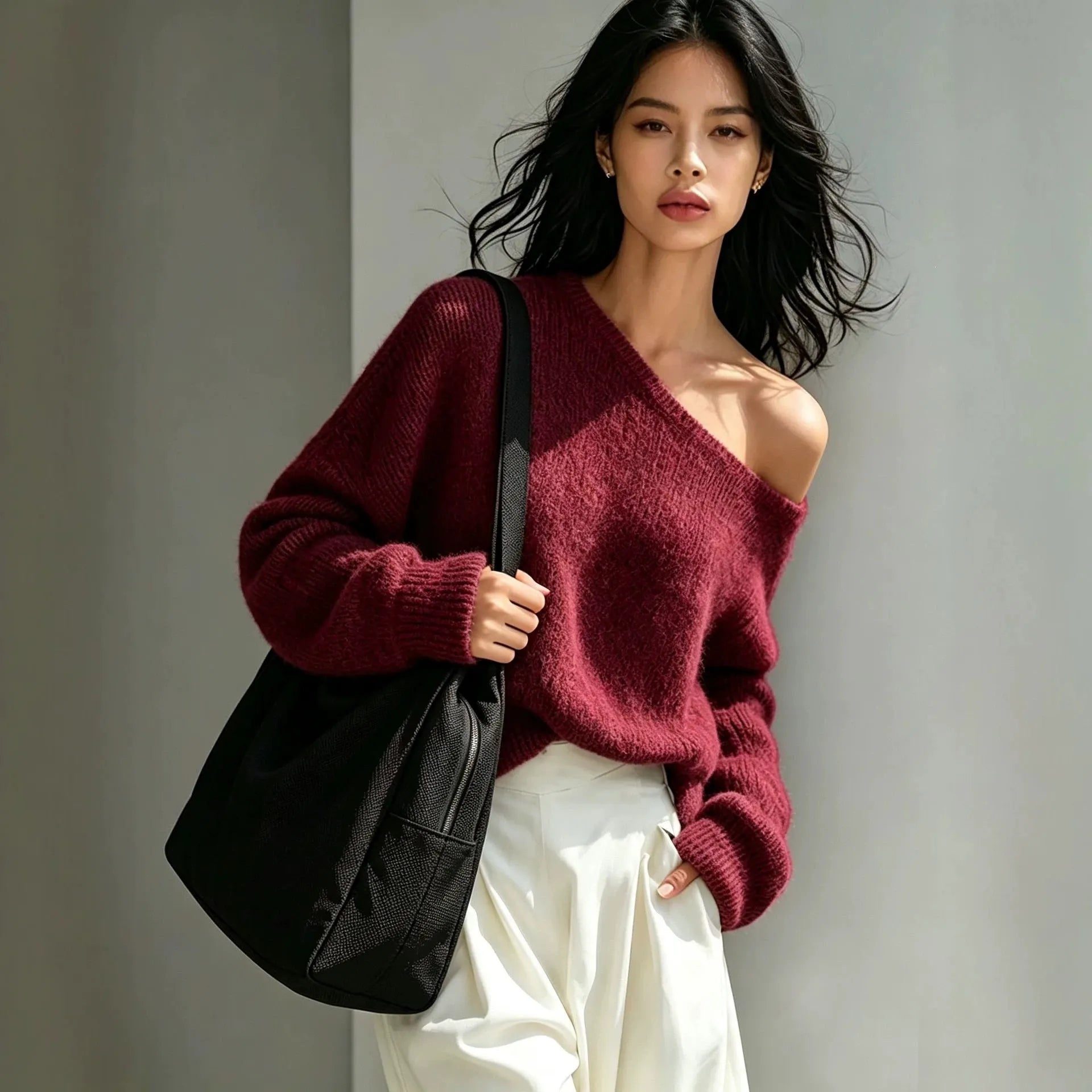 Casual Grey Off Shoulder Oversized Knit Top Loose Long Sleeve Pullover Sweater Fall Fashion