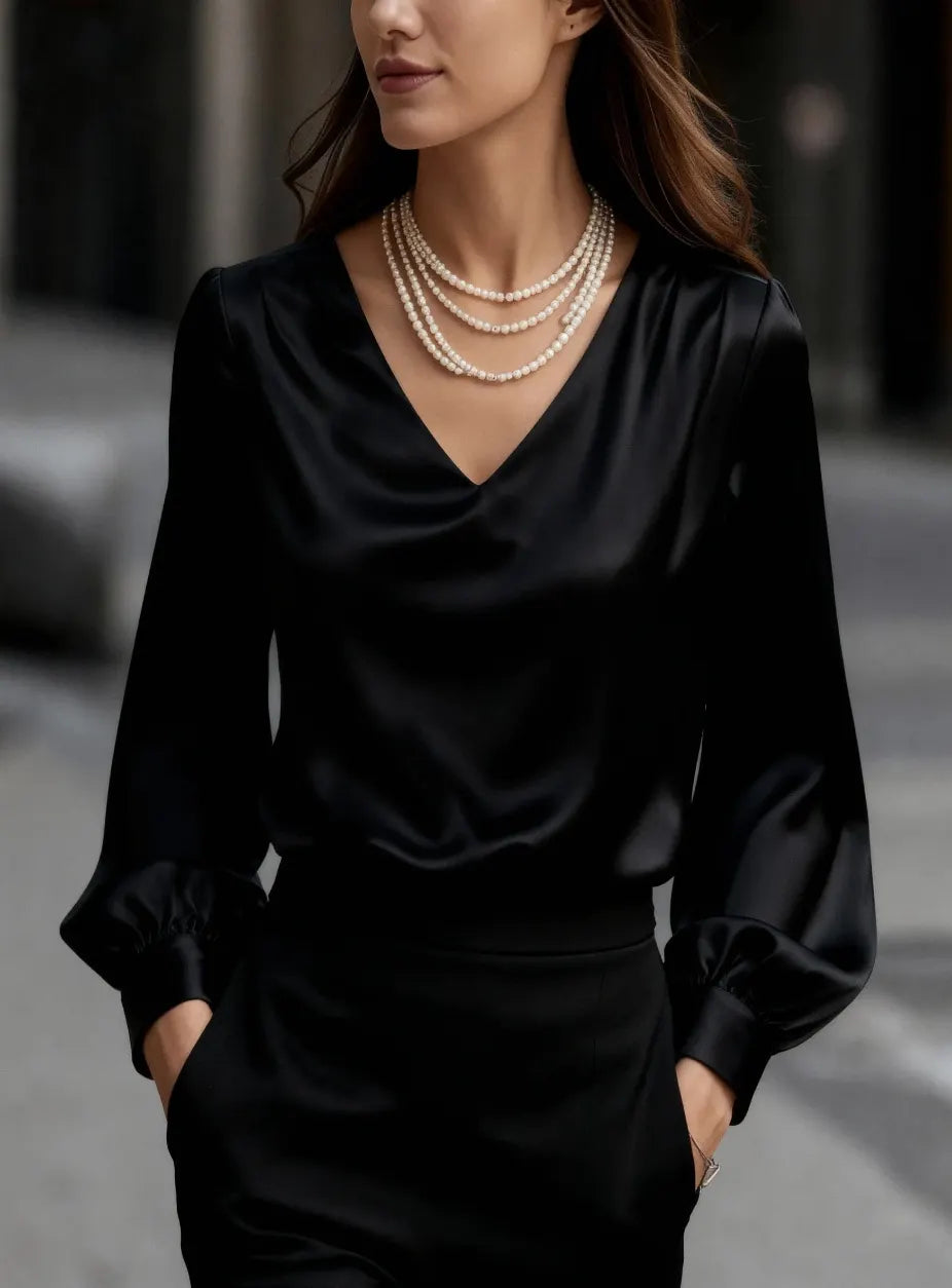 Solid V-Neck Long Puff Sleeve Elegant Blouse