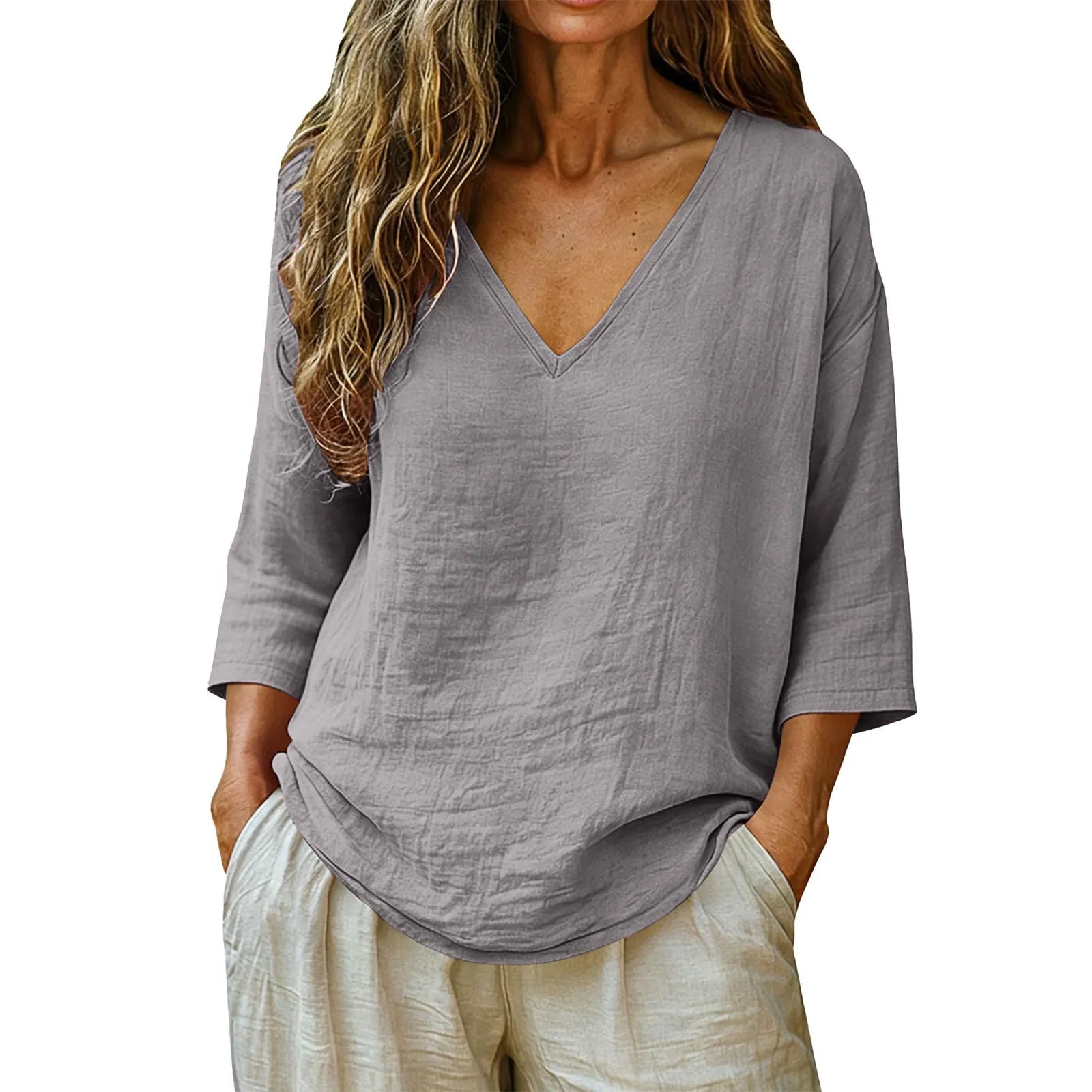 V-Neck Solid Color Loose Three-Quarter Sleeve Casual Polyester Tee