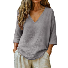 V-Neck Solid Color Loose Three-Quarter Sleeve Casual Polyester Tee
