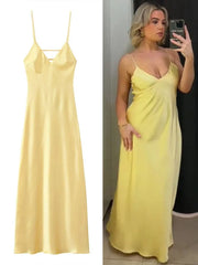 Solid Color Satin V-Neck Spaghetti Strap Maxi Slip Dress