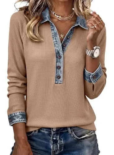 Contrast Denim Trim Half Button V-Neck Long Sleeve Blouse