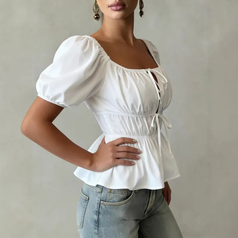 Elegant Solid Color White High Waist Sleeveless Shirt