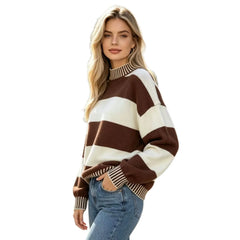 Semi Turtleneck Color Block Striped Pullover Sweater