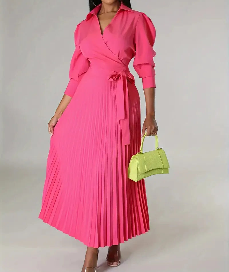 Wrap Front Pleated Midi Dress with Puff Sleeves