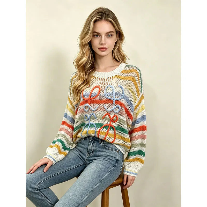 Colorful Stripe Hollow Knit Sweater, 3D Handmade Bow Applique Round Neck Loose Pullover