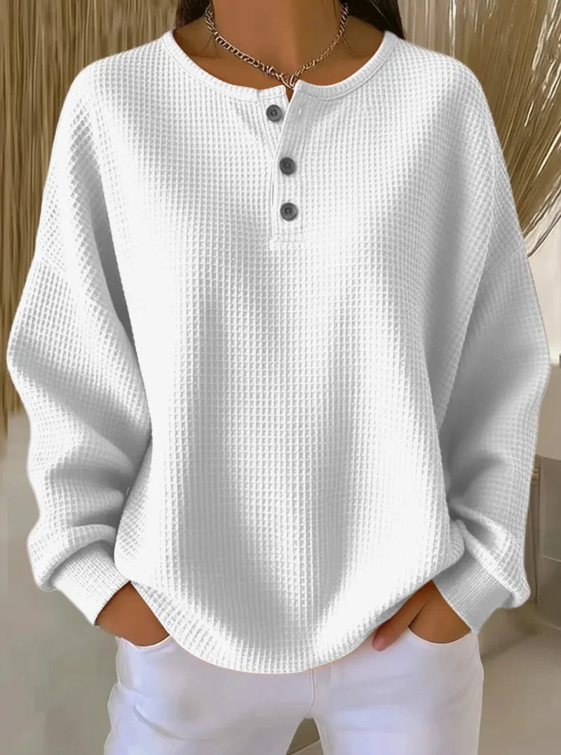 Casual Oversized Waffle Knit Top, Henley Button Neck Long Sleeve Tee