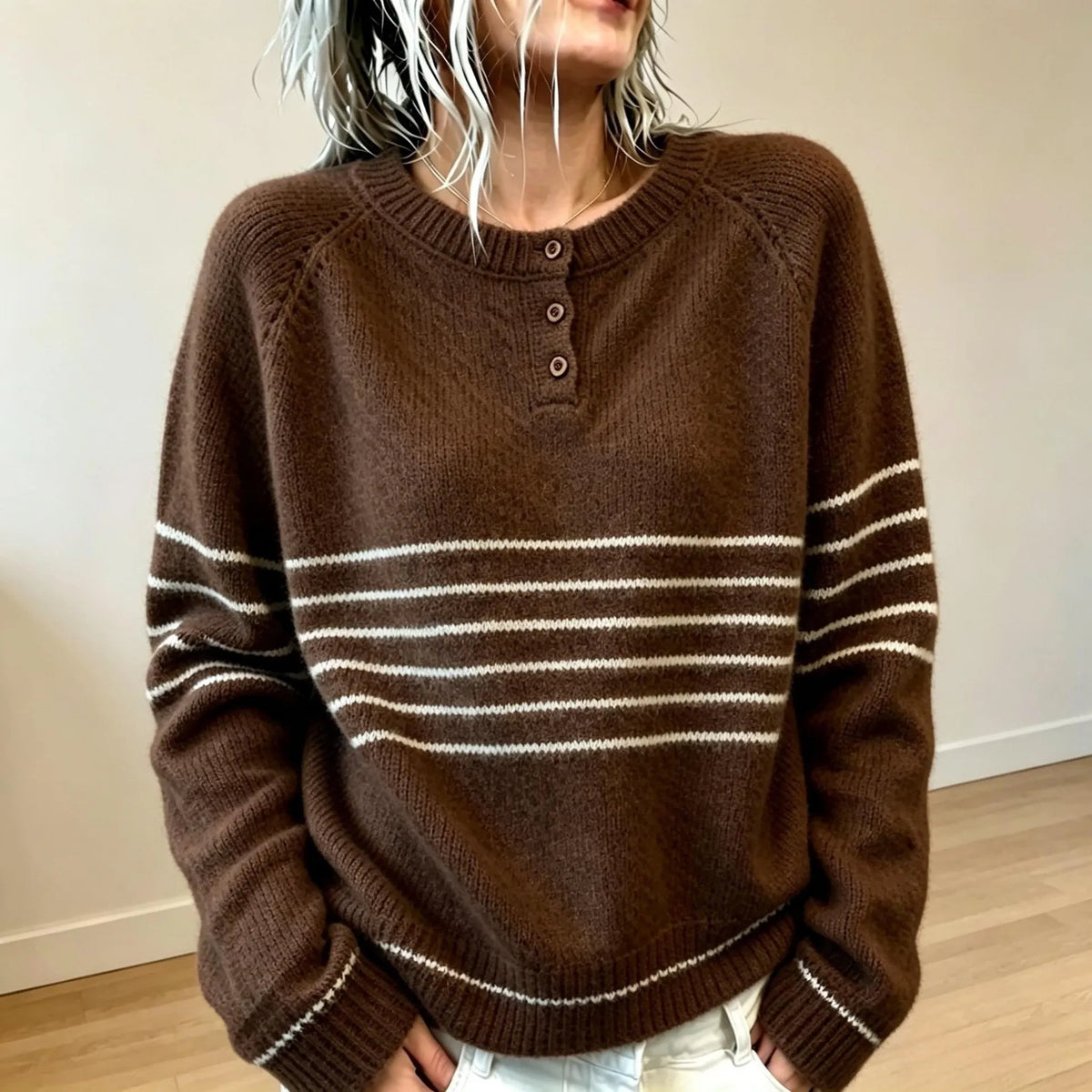 Striped Henley Neck Pullover Sweater