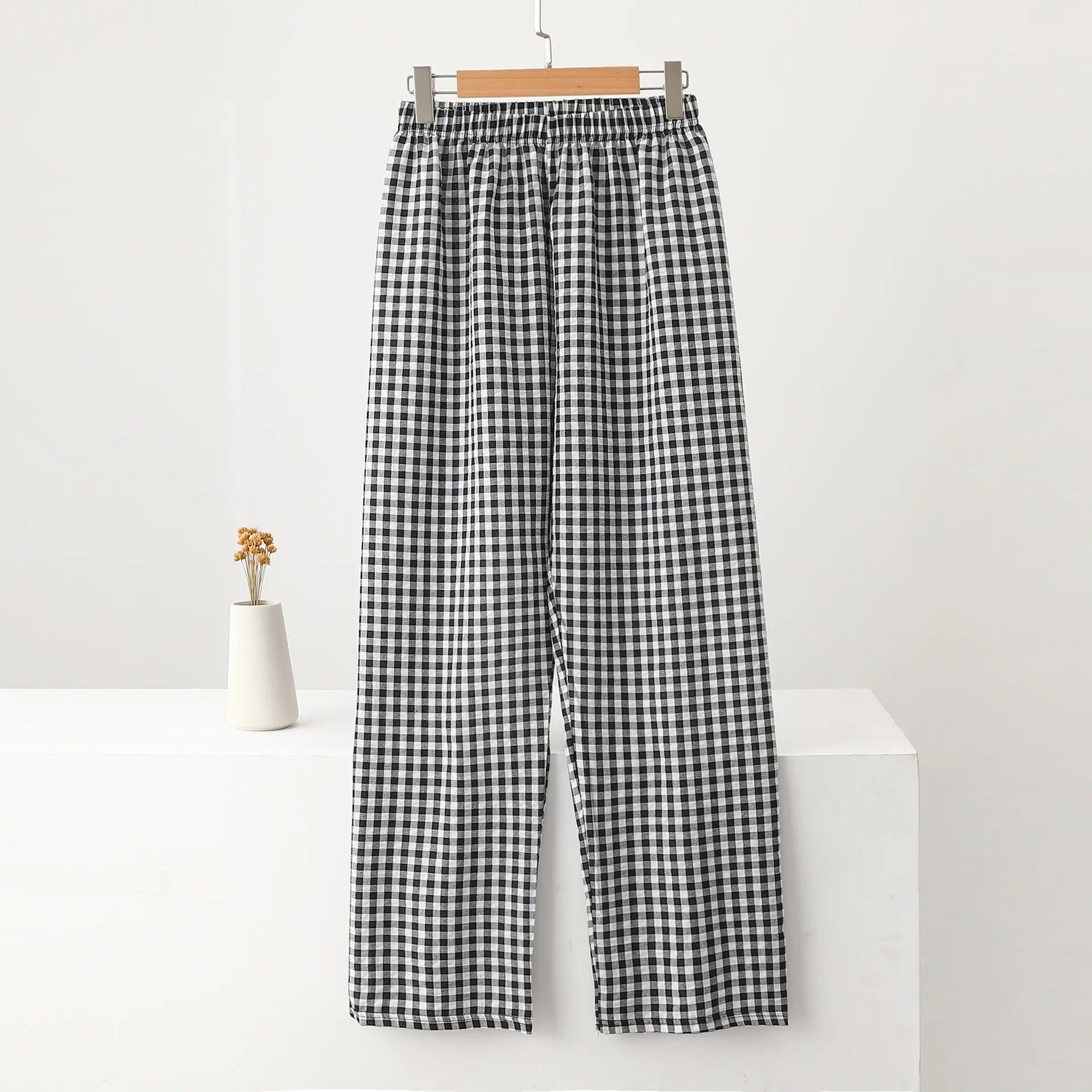 Plaid Elastic Waist Wide Leg Pants