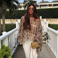 Boho Tartan Sheer Oversized Shirt, Cold Shoulder Batwing Long Sleeve Loose Plaid Blouse for Daily Outfit