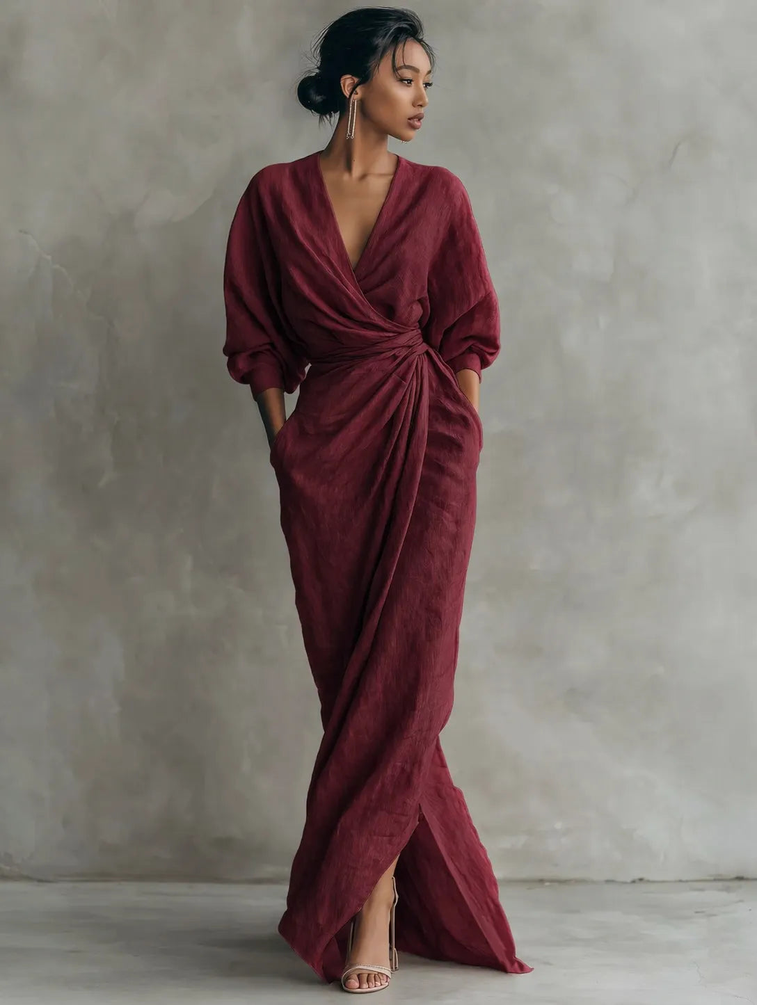 Wrap V Neck Long Sleeve Tie Waist Linen Maxi Dress