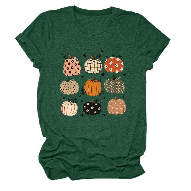 Leopard Floral Plaid Pumpkin Casual Short Sleeve Tee