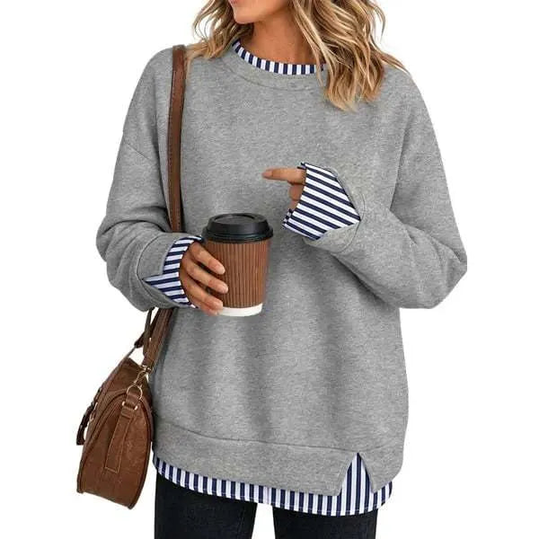 Fake Two Piece Sweatshirt, Black Base with Black White Stripe Cuff & Hem Detail