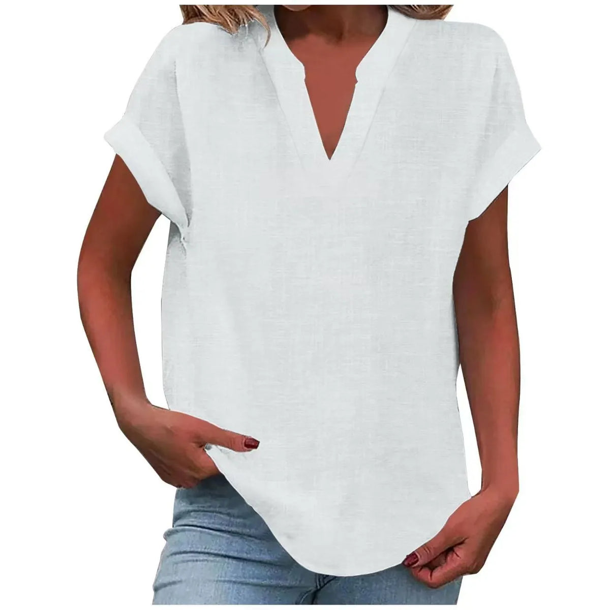 Notched V Neck Cuffed Short Sleeve Loose Cotton Linen Blouse