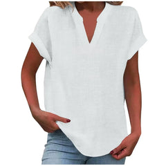 Notched V Neck Cuffed Short Sleeve Loose Cotton Linen Blouse