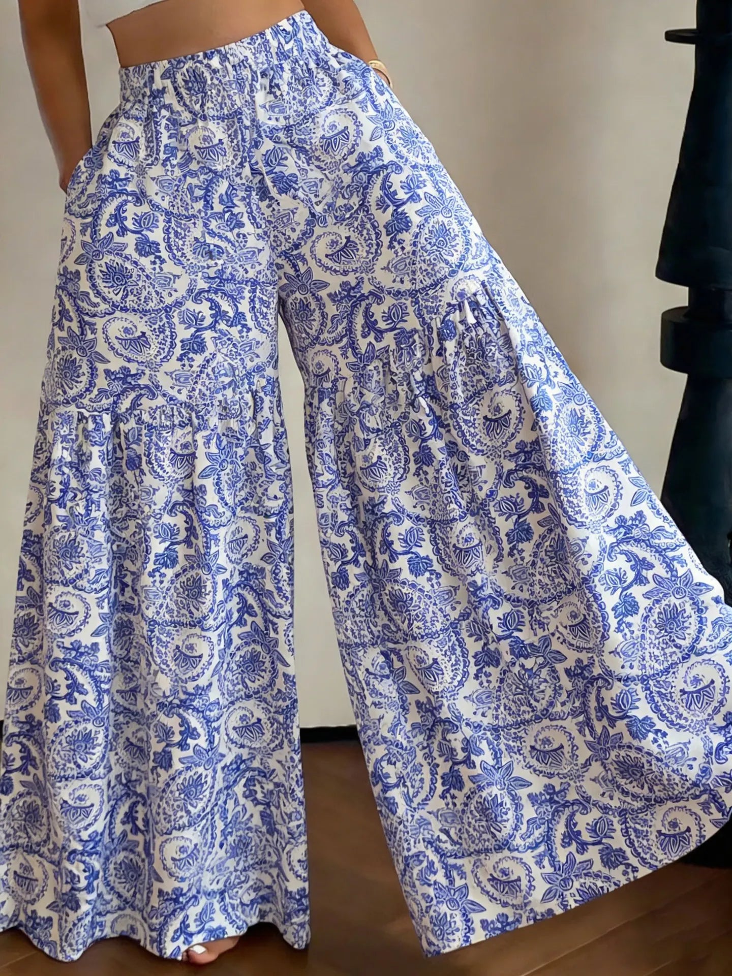 Elastic High Waist Floral Print Ruffle Wide Leg Palazzo Pants