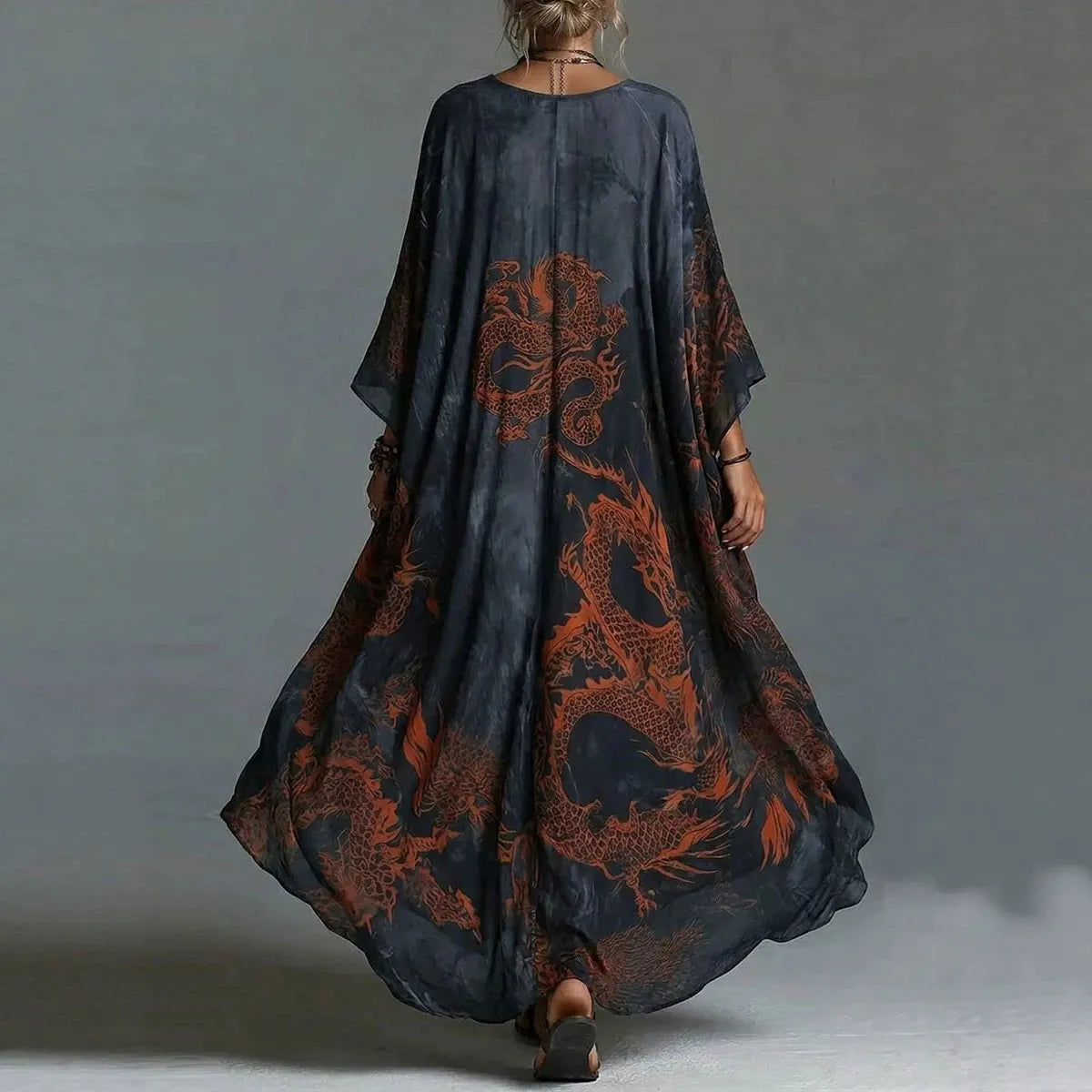 Navy Dragon Print Deep V Neck Bat Sleeve Loose Long Dress