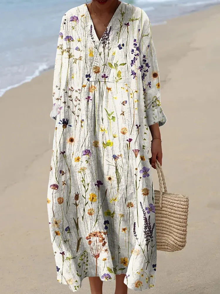 V‑Neck Floral Bird Print Mori Style Long Dress