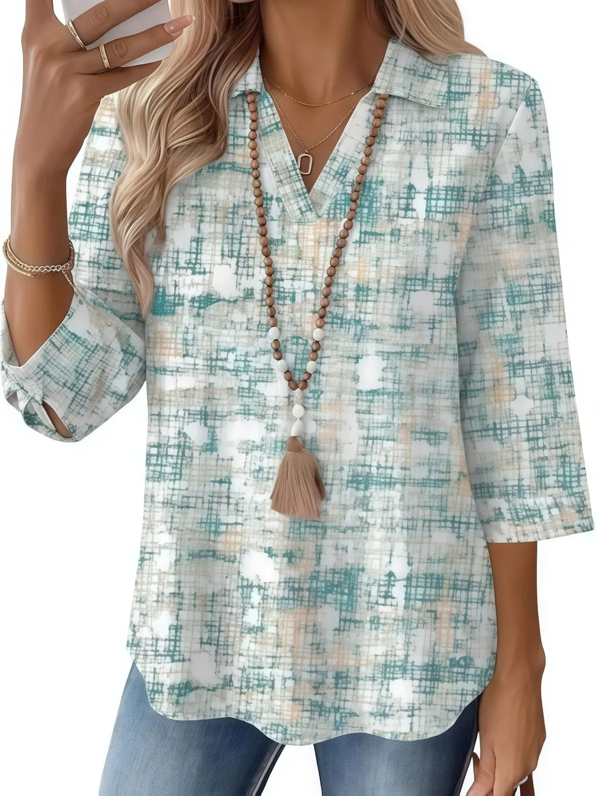 Abstract Floral Print Lapel Collar 3/4 Sleeve Four-Way Stretch Commuter Blouse