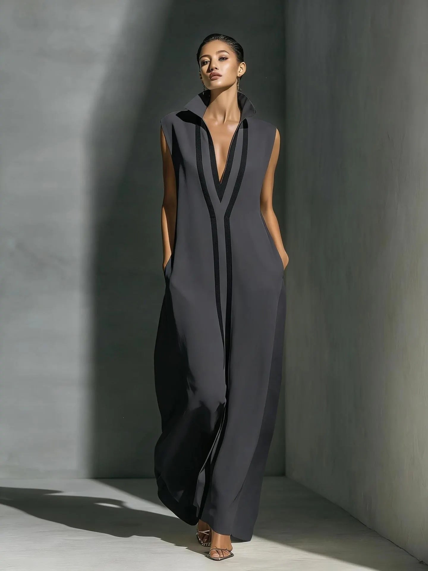 Contrast Piping Deep V-Neck Collared Sleeveless Loose Maxi Dress