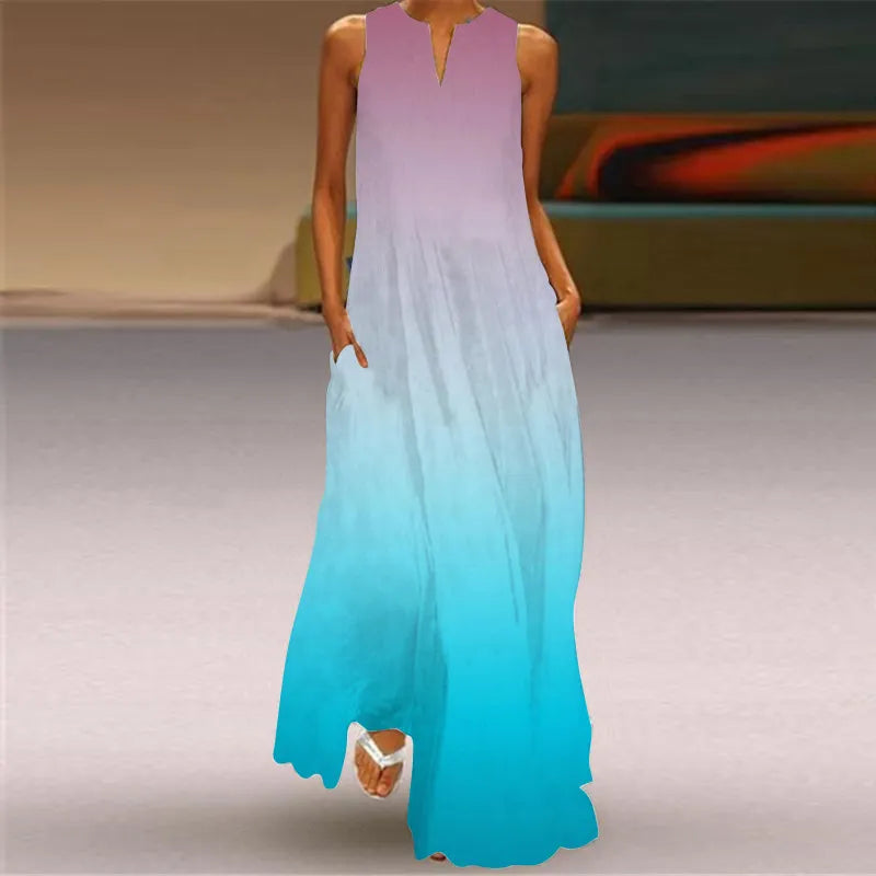 3D Butterfly Print V-Neck Sleeveless Loose A-Line Maxi Dress