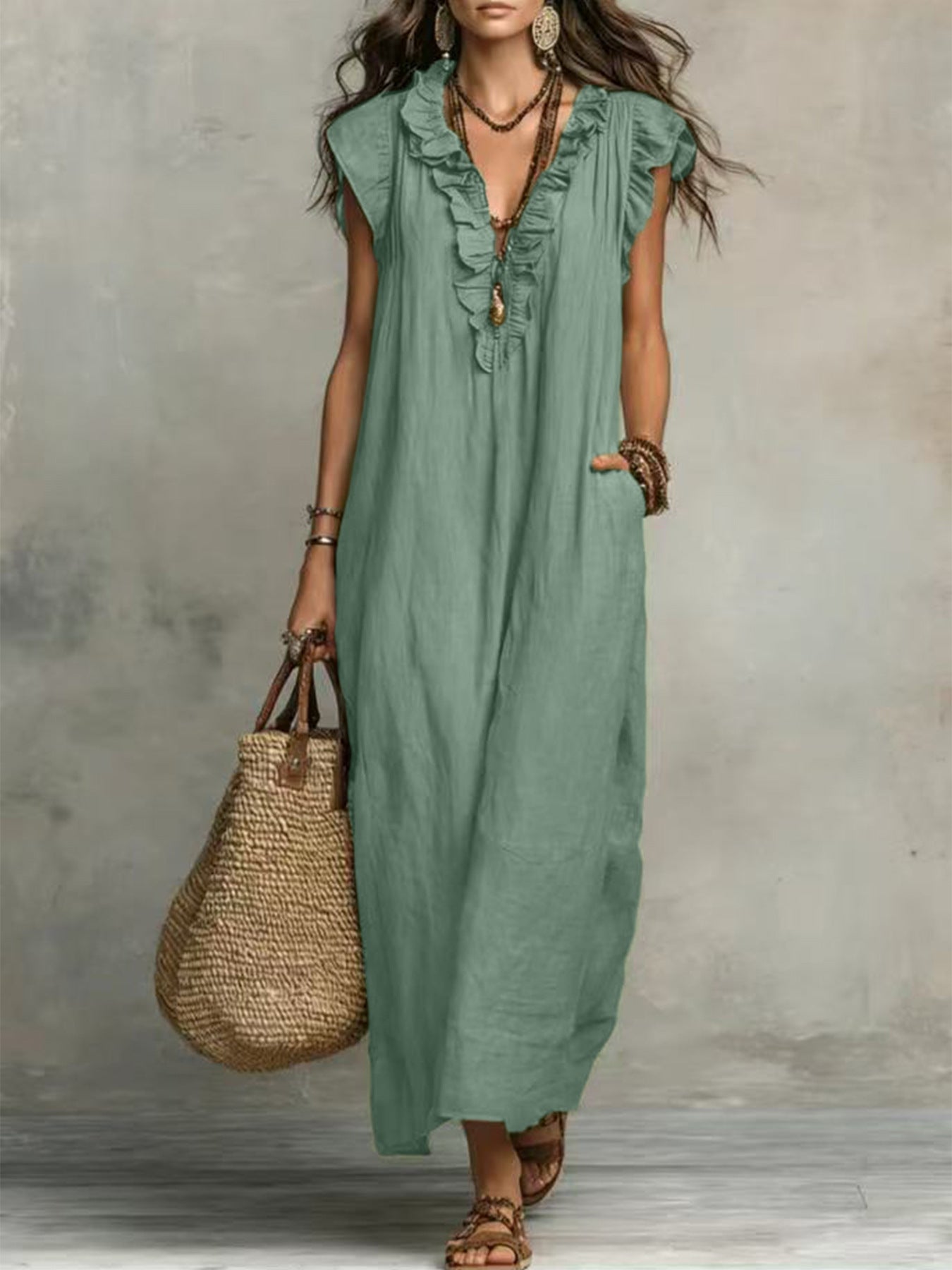 Ruffle-Trimmed Linen-Blend Maxi Dress
