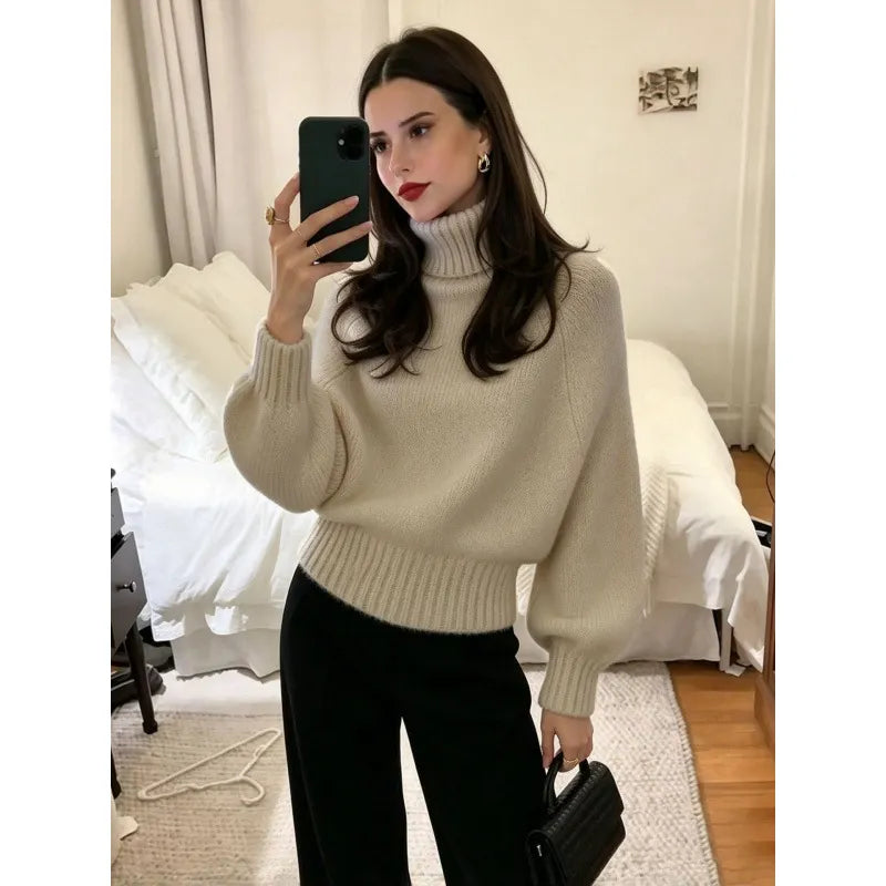 Oversized Chunky Knit Turtleneck Jumper Ladies Drop Shoulder Puff Sleeve Sweater, Long Sleeve / 5 Point Sleeve