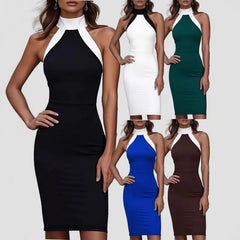Contrast Color Halter Neck Slim Bodycon Midi Dress