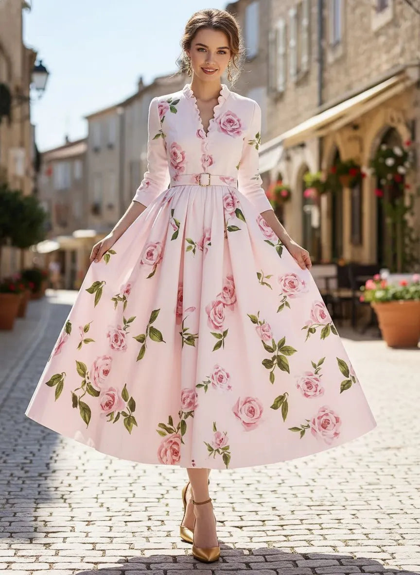 Ruffle Neck 3/4 Sleeve Belted Swing Dress