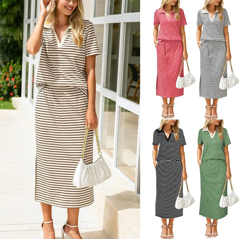 Striped Polo Neck Top and Midi Skirt Set